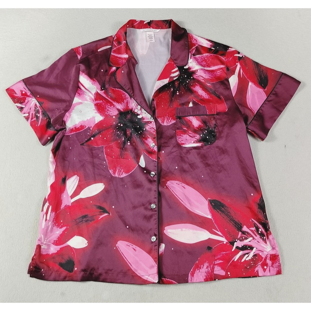 Victoria's Secret Pajama Top Womens Medium Red Floral Satin Button Up Sleepwear